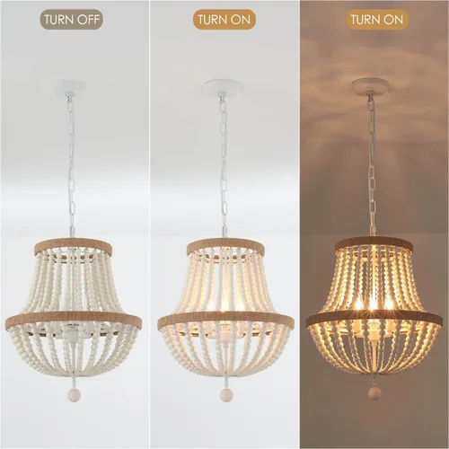 Vista 6 de Lámpara de araña bohemia de 3 luces de granja, luz colgante de cuentas de madera, lámpara colgante rústica antigua para cocina, isla, pasillo, Blanco