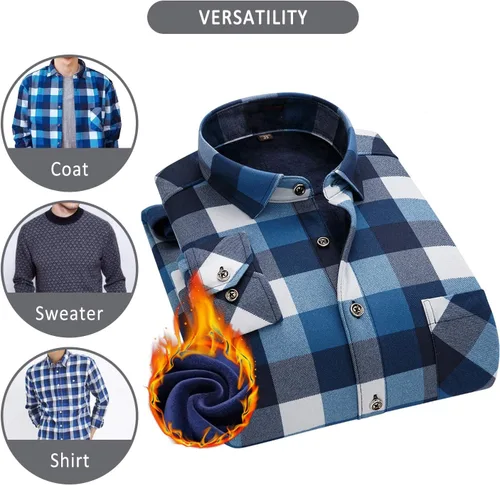 Vista 4 de Camisas de manga larga para hombre, térmicas acolchadas para el trabajo, camisas cálidas con forro acolchado de franela pesado a cuadros