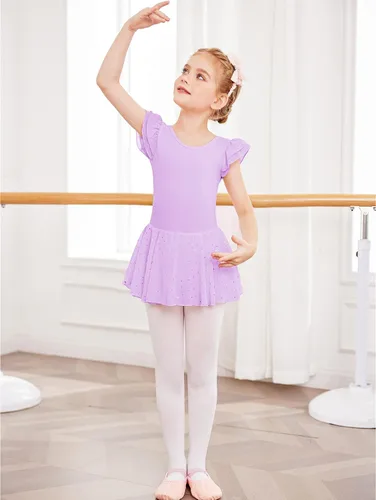 Vista 5 de Arshiner - Vestido de baile de ballet con mangas con volantes, leotardo de tutú con ruedo para niñas Lila