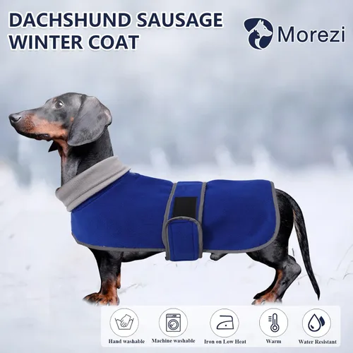 Vista 2 de Abrigos para perros salchicha Morezi de forro polar para invierno, ropa para dachshund miniatura con cierre de gancho y bucle y ribete reflectante