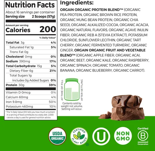Vista 2 de Orgain - Polvo de proteína vegano orgánico de 30g, chocolate con 9g de EAA + BCAA, proteína vegetal, 6g de prebiótico + fibra, 1g de azúcar