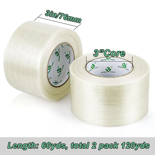 Vista 2 de BOMEI PACK Cinta de fleje de 3 pulgadas, cinta de embalaje reforzada con fibra resistente, 60 yardas 5.9 mil, total 120 yardas
