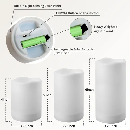 Vista 5 de NURADA Velas solares grandes para exteriores, juego de velas recargables impermeables sin llama, resina blanca, luz LED, batería solar recargable