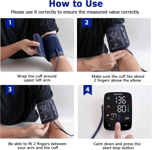 Vista 6 de CareLiving Monitor de presión arterial, monitores de presión arterial superior del brazo para uso doméstico, memoria de lecturas de 2 x 199, puño