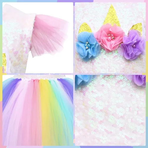 Vista 5 de GC Disfraz de unicornio para niñas vestido de tutú de arco iris con diadema atuendo de princesa para fiesta de cumpleaños Arcoiris Rainbow