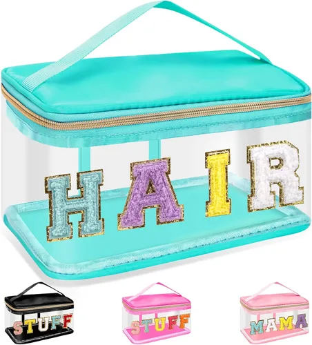 Vista 17 de izuzta Bolsas de maquillaje transparentes con letras de chenilla, bolsa de maquillaje de parche preppy con asa