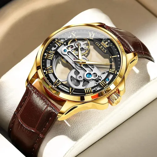 Vista 8 de OLEVS Relojes de esqueleto para hombre, automático, mecánico, de lujo, de cuero, impermeable, luminoso, reloj de pulsera para hombre