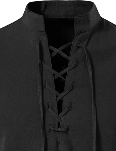 Vista 4 de Camisas de lino de manga larga con cordones retro para hombre, camisa Henley renacentista, disfraz vikingo medieval, camiseta pirata