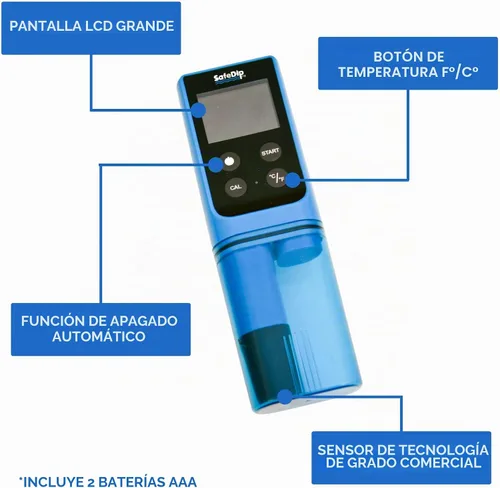 Vista 2 de Solaxx MET01A SafeDip. Medidor digital de pH, cloro, sal y temperatura.