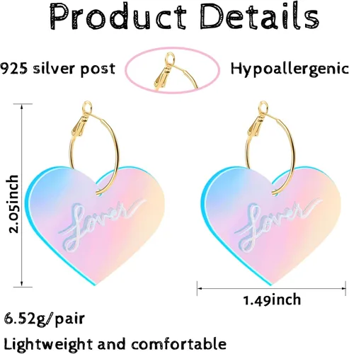Vista 2 de Awinesn Swifts Lover - Aretes de corazón para mujer, plata 925, aretes de moda para posteriores al concierto, aretes colgantes de acrílico, regalos
