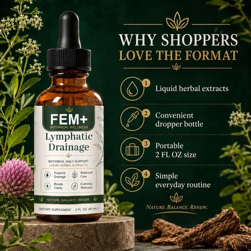 Vista 3 de Fem Gotas de drenaje linfático, fórmula herbaria de bienestar diario, 2 onzas líquidas/2 fl oz