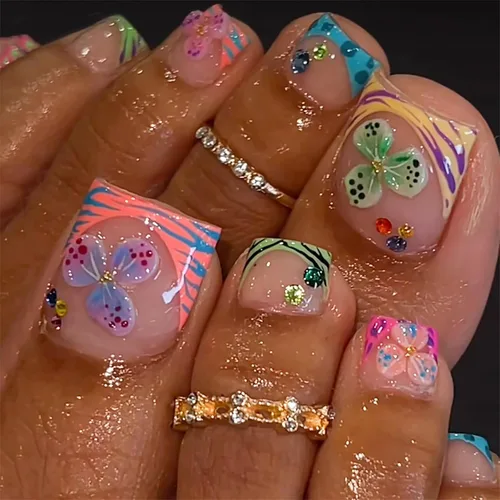 Vista 8 de Lindas uñas postizas a presión con punta francesa rosa, uñas postizas cuadradas de cobertura completa con diseños de dijes de lazo, uñas acrílicas