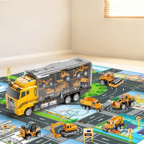 Vista 2 de NIPLOOOW - Juego de vehículos de construcción para niños, camión de juguete con alfombra de juego y coche de juguete fundido a presión