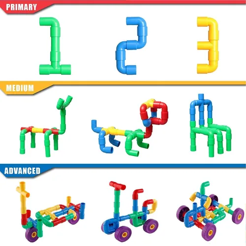 Vista 6 de ZOZOPLAY STEM - Juego de 64 piezas de tubos tubulares de aprendizaje, boquillas, juntas para construir bicicleta, tanque, scootie, habilidades