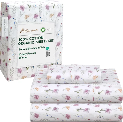 Vista 60 de RUVANTI Juego de sábanas de algodón orgánico 100% tamaño completo, tejido de percal, certificado GOTS, juego de 4 piezas, bolsillo profundo de 15