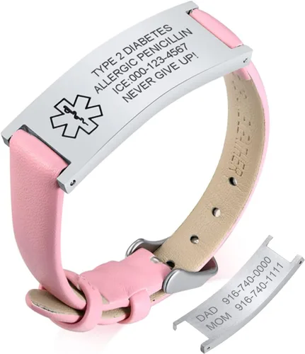 Vista 46 de MPRAINBOW Pulsera de alerta médica personalizada para mujer, correa de reloj de cuero genuino, grabado de doble cara, diabetes, epilepsia, joyería