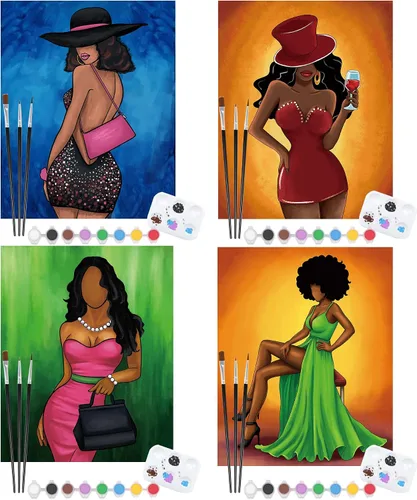 Vista 8 de Nuberlic Paquete de 4 pinturas elegantes de 8 x 10 pulgadas, lienzo predibujado para pintar para adultos Afro Queen sorbo y pintura, recuerdo