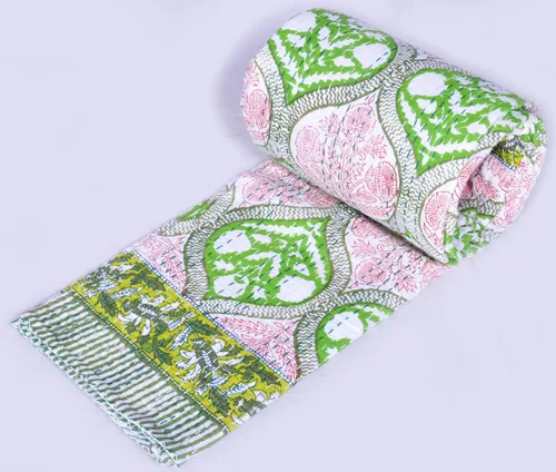 Vista 2 de Colcha Kantha de algodón con estampado de bloques de mano india, tamaño individual, 90 x 60 pulgadas