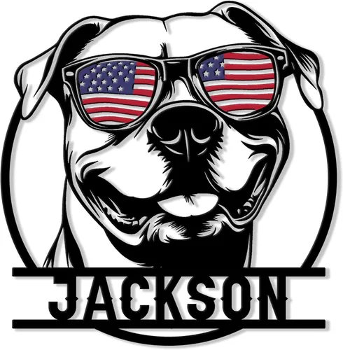 Vista 16 de Letrero de metal personalizado con diseño de perro Pitbull, bandera de Estados Unidos, letrero colgante para porche al aire libre, bienvenida