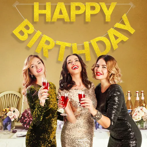 Vista 7 de Cartel de feliz cumpleaños – Cartel de fondo preencordado de 9 pies para mujeres, hombres, niñas, niños, decoraciones de cumpleaños con purpurina
