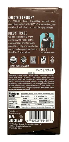 Vista 3 de Taza Chocolate Barras orgánicas suaves y crujientes 70% molidas a piedra, galletas de chocolate crujientes de 2.5 onzas (10 unidades), veganas