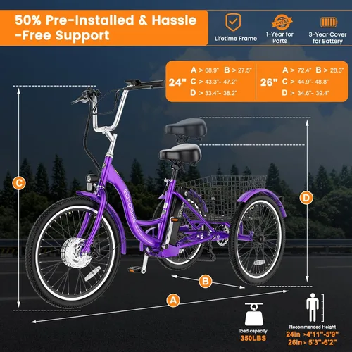 Vista 5 de MOPHOTO Triciclo eléctrico para adultos y personas mayores, E-Trike de 3 ruedas de 24/26 pulgadas con batería extraíble de 36 V motor de 350 W
