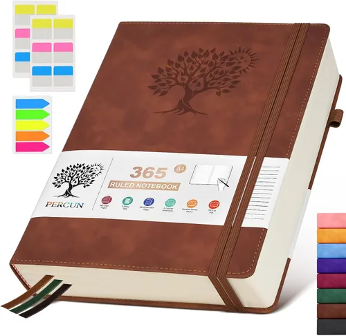 Vista 16 de PERCUN Cuaderno rayado A4, 365 páginas de gran tamaño, cuadernos de cuero para escribir para mujeres y hombres, cuaderno de tapa dura con páginas