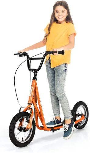 Vista 10 de GYMAX Patinete todoterreno para niños y adultos con ruedas inflables de 12 pulgadas, manillar de altura ajustable, frenos de mano tipo V y clavijas