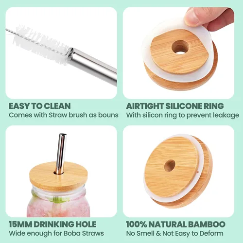 Vista 2 de Paquete de 3 tapas de bambú de boca regular con agujero para popote y popote compatible con tarro Mason, tapas de madera para tarros de boca regular
