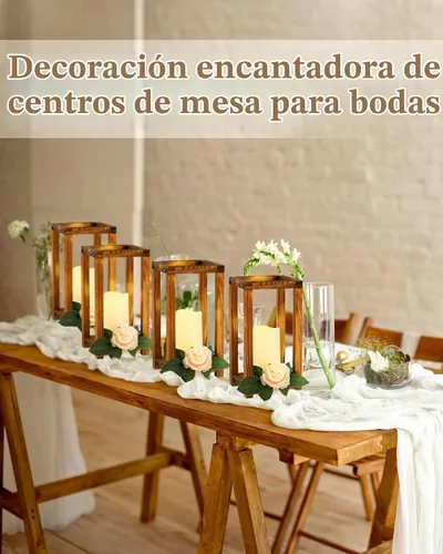 Vista 5 de Huquary 16 piezas de centro de mesa de madera para bodas, incluye 8 faroles de madera rústica y 8 portavelas sin llama para decoración de mesa