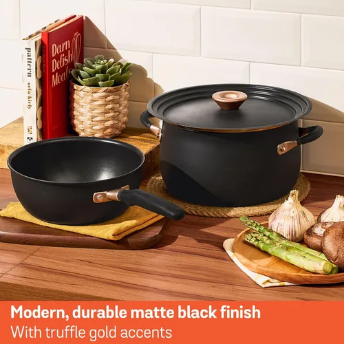 Vista 9 de Meyer Olla mediana de acero inoxidable de 6.5 cuartos de galón, olla de inducción, apta para lavavajillas, apta para horno, negro mate con asas