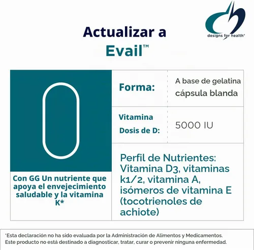 Vista 3 de Designs for Health ADK Evail - 5,000 UI de vitamina D3 con vitaminas A, E (Gamma Delta Tocotrienoles de Annatto), K (K1 + K2) - Complejo de vitamina
