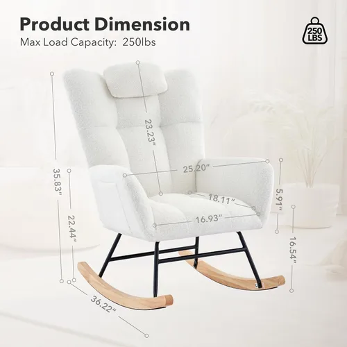 Vista 3 de Silla mecedora tapizada para guardería, mecedora tapizada con asiento acolchado con respaldo alto, silla auxiliar cómoda