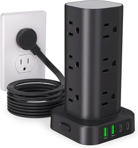 Vista 15 de Regleta de alimentación con cargador inalámbrico, protector de sobretensiones de enchufe plano con cable de extensión de 6 pies, 12 tomas