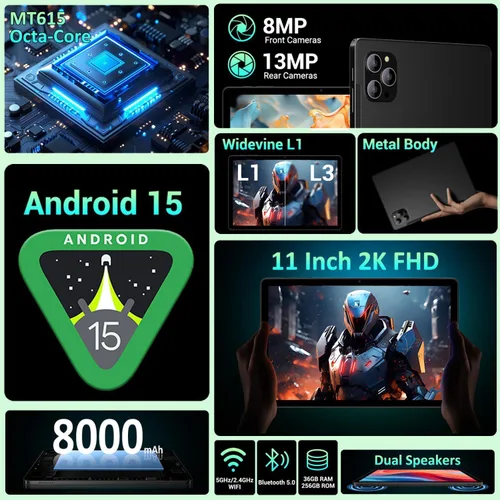 Vista 3 de Tableta, tabletas de 11 pulgadas, tableta Android 15 con teclado y ratón, T615 Octa-Core, 36 GB de RAM +256 GB ROM, Gemini AI, 8000 mAh, Widevine