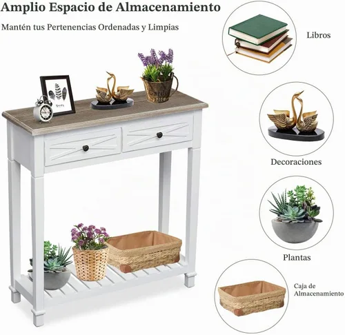 Vista 4 de Mesa consola para entrada con 2 cajones, mesa de entrada de 30 pulgadas de largo con estantes de almacenamiento abiertos y mango de metal hecho a
