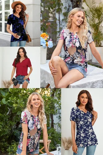 Vista 5 de CATHY Camisas elegantes de manga corta para mujer, estilo casual, con botones, cuello en V, holgadas
