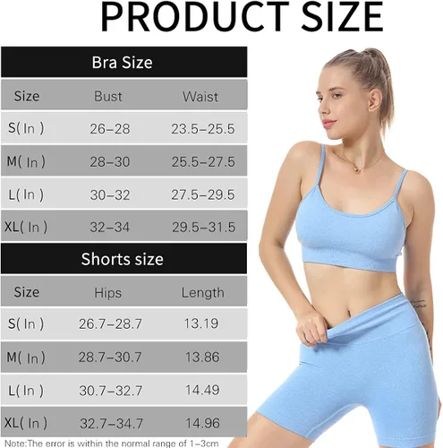 Vista 5 de JNINTH - Conjunto de yoga sin costuras para mujer, 2 piezas, brasier deportivo de entrenamiento, con pantalones cortos de cintura alta