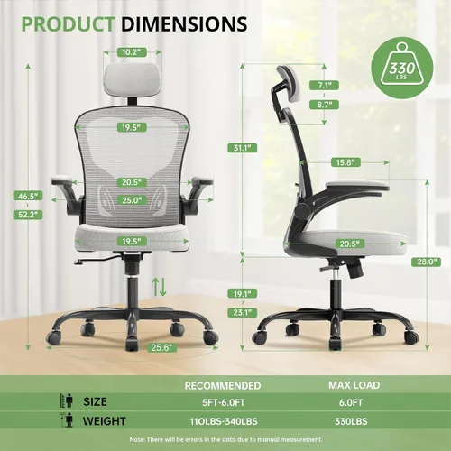 Vista 2 de Silla de Oficina Ergonómica para Escritorio, Capacidad de 330 LBS, Silla de Computadora con Respaldo Alto para Largas Horas Cómoda, Silla Ejecutiva