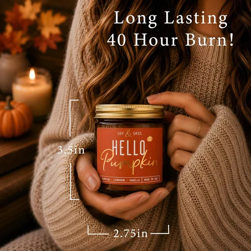 Vista 4 de Vela de especias de calabaza, velas de otoño, vela de calabaza 'Hello Pumpkin', velas de soja perfumadas de otoño para el hogar, velas perfumadas