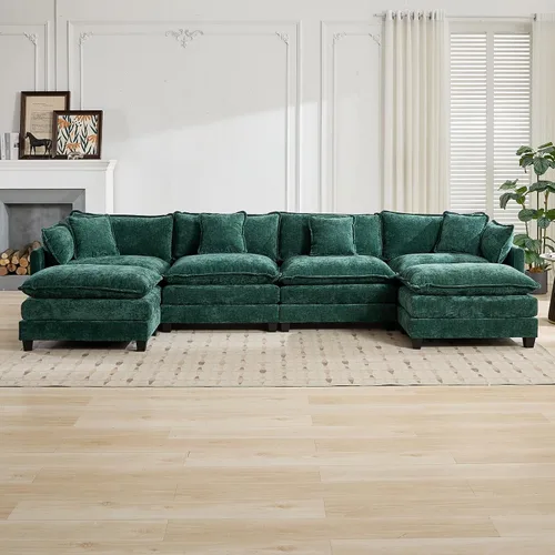 Vista 279 de Sofá seccional modular verde de 111.5", sofás seccionales grandes de 3 plazas para sala de estar, sofá nube oversized de tela chenille con otomana