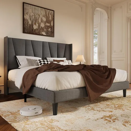 Vista 13 de HOOMIC Base de cama tapizada de tamaño matrimonial con cabecera geométrica moderna con respaldo de ala, listones de madera, no necesita somier, base