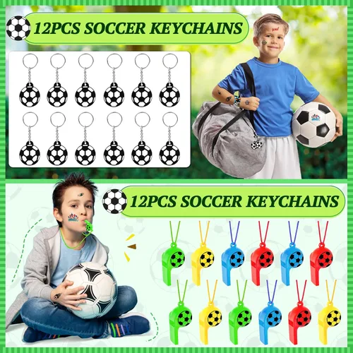 Vista 2 de Miucat 120 piezas de recuerdos de fiesta de fútbol, bolsas de golosinas de fútbol con calcomanías de tatuaje de silbato, pulseras y llaveros