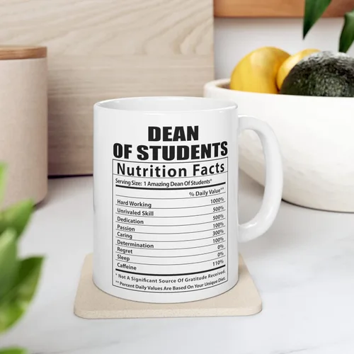 Vista 7 de Taza de café divertida de decano de estudiantes con datos nutricionales, regalos de cumpleaños, taza de nutrición de Navidad 2026, color blanco