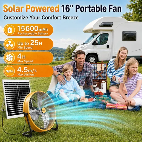 Vista 4 de T-SUNUS Ventilador alimentado por energía solar de 16 pulgadas con panel
