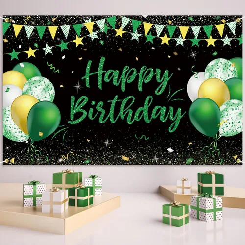 Vista 2 de Cartel de fondo de feliz cumpleaños verde dorado y negro para niños, hombres y mujeres, aniversario, fiesta de cumpleaños, fotos, fondo de cabina