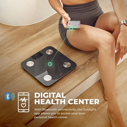 Vista 2 de Sunny Health & Fitness Báscula de IMC de composición de grasa corporal avanzada de 20 métricas con aplicación de seguimiento y analizador de salud