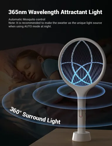 Vista 3 de YISSVIC Matamoscas eléctrico de 4000 V, raqueta matamoscas de insectos de doble modo con luz de mosquitos morada recargable para interiores, hogar