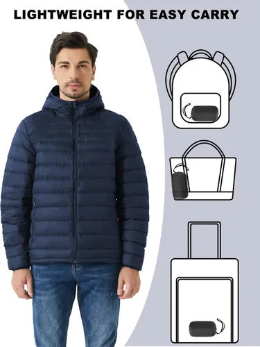 Vista 6 de ANOTHER CHOICE Chaqueta acolchada de plumón para hombre, ligera, con capucha, plegable, cálida, para invierno