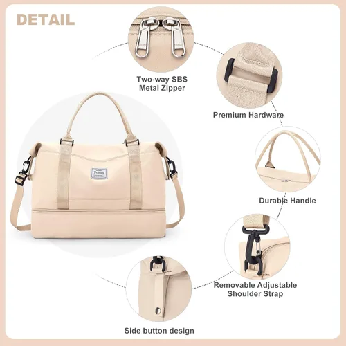 Vista 6 de Bolsas de fin de semana para mujer, bolsas de viaje con compartimento para zapatos, Beige, Bolsa de viaje+neceser